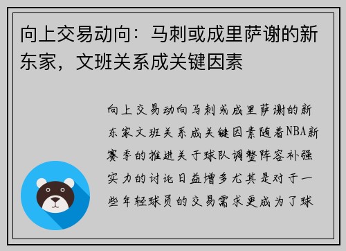 向上交易动向：马刺或成里萨谢的新东家，文班关系成关键因素