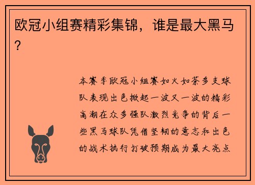 欧冠小组赛精彩集锦，谁是最大黑马？