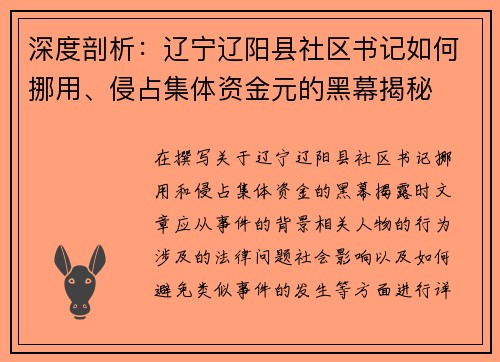 深度剖析：辽宁辽阳县社区书记如何挪用、侵占集体资金元的黑幕揭秘