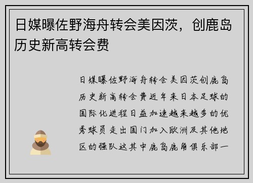 日媒曝佐野海舟转会美因茨，创鹿岛历史新高转会费
