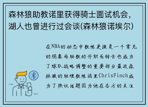 森林狼助教诺里获得骑士面试机会，湖人也曾进行过会谈(森林狼诺埃尔)